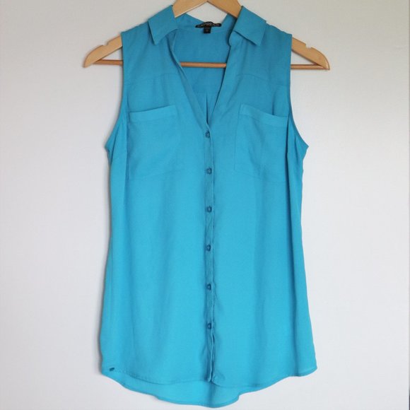 Express Blue Collared Sleeveless Blouse - Picture 1 of 7